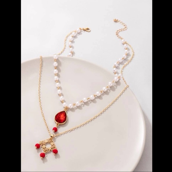 Ruby Rhinestone, Pearl & Charm Necklace - Picture 4 of 6